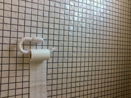 Toilet roll hangs from holder against a black and white mosaic wallの写真素材