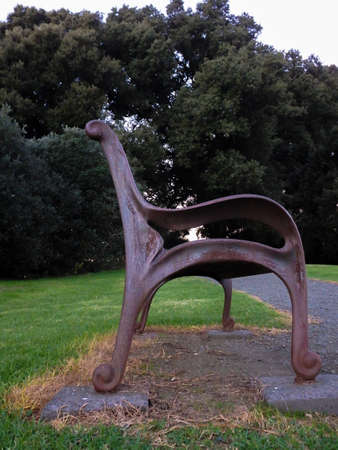 Park bench low angle vertical view in Monte Cecilia park in Auckland new Zealandの写真素材