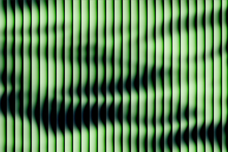 This image features a striking abstract pattern of green and black vertical lines that create an optical illusion, evoking a sense of depth and movement. The high contrast and vibrant colors make it ideal for modern design and visual art projects.の写真素材