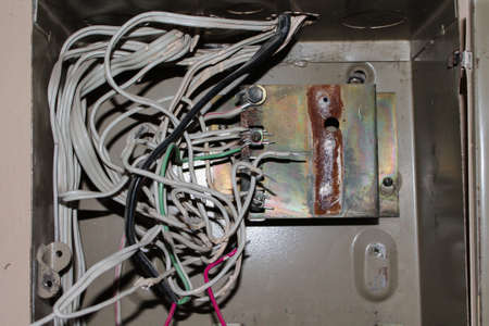 Abandoned electric brush. Fuse box in an abandoned building without fuses, only with wires. Wires in...