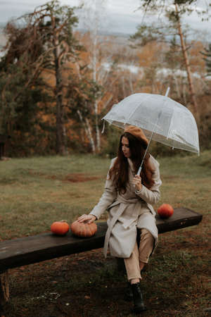 A girl sits on a bench in the forest with pumpkins under a transparent umbrella. Girl with pumpkins for Halloween.の写真素材
