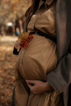 Close-up, Vertical photo. A pregnant woman holds the hands of a man who holds the belly of a pregnant woman.の写真素材