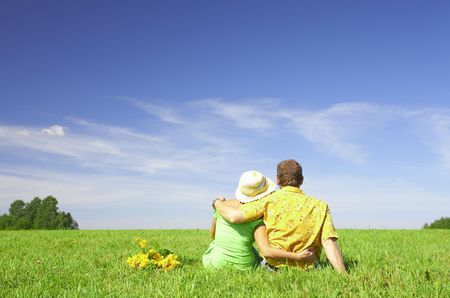 view of happy couple having good time in summer environmentの写真素材