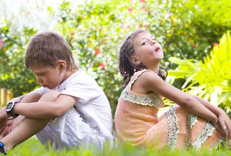 Portrait of little kids having good time in summer environmentの写真素材