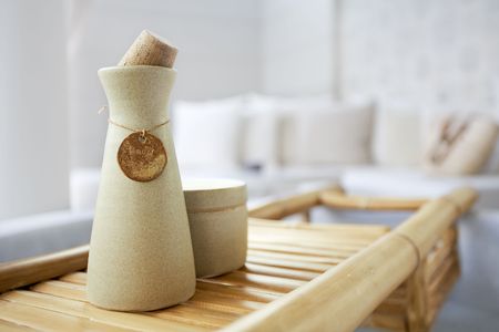 Close-up view of different kind of  bath accessories の写真素材