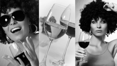 Black and white wine drinking theme photo collageの写真素材
