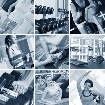 fitness theme black and white  photo collage composed of few imagesの写真素材