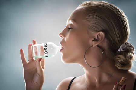 close up  portrait of young  nice woman on color  backの写真素材