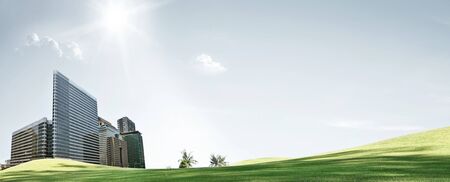 view of nice green hill on blue sky backgroundの写真素材