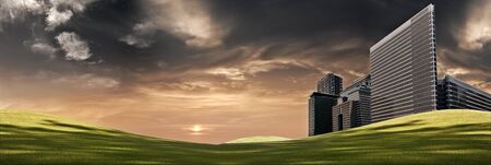 view of nice green hill on  sunset  sky backgroundの写真素材