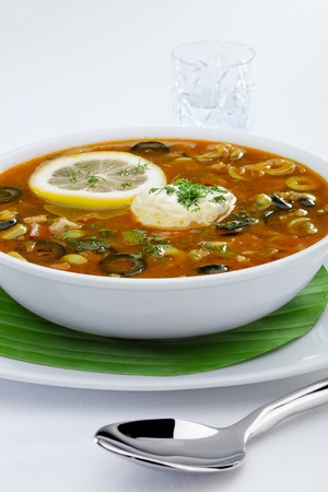close up view of nice fresh yummy soup on white backの写真素材