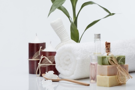 Close up view of spa theme objects on grey backgroundの写真素材