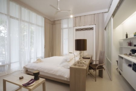 Panoramic view of nice stylish modern bedroom  のeditorial素材