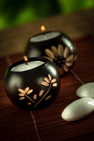 close up view of spa theme objects on green backの写真素材
