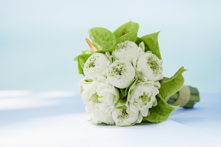 close up view of nice fresh bouquet  on blue  backの写真素材