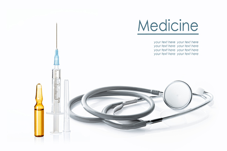Close up view of  white plastic syringe, stethoscope  and ampules  on  white backの写真素材