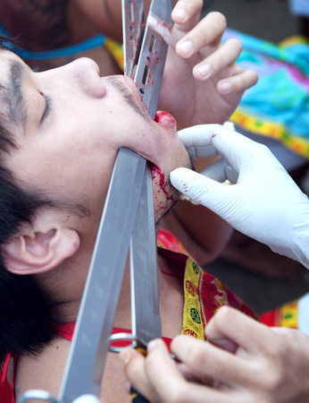portrait of the member of vegetarian festival in Phuket, Thailand, oct 2015のeditorial素材