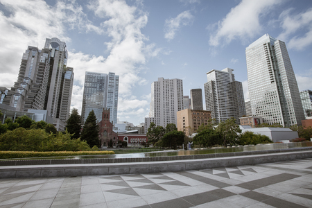 panoramic view of big modern city during summer morningの写真素材