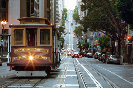 view of historical cable car on famous van ness ave  in san francisco