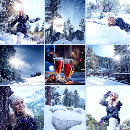 Portrait of young beautiful woman on winter outdoor background. Collage.の写真素材