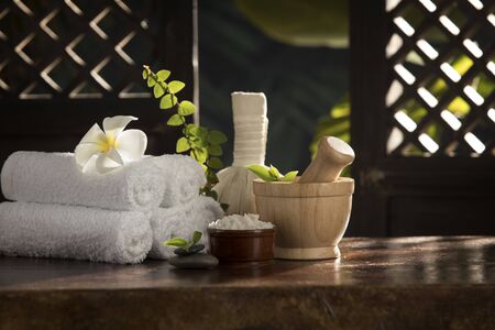 close up view of spa theme objects on color backの写真素材