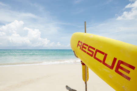 Close up view of rescue surf board on tropic beach backgroundの写真素材