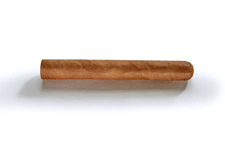close up view of nice robusto Cuban cigar on white back