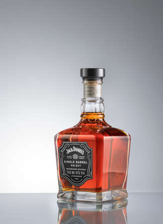 Phuket, Thailand- March 2020. Jack danielâs blended whisky on grey background. Jack Daniel's is a brand of sour mash Tennessee whiskey that is the highest selling American whiskey in the worldのeditorial素材