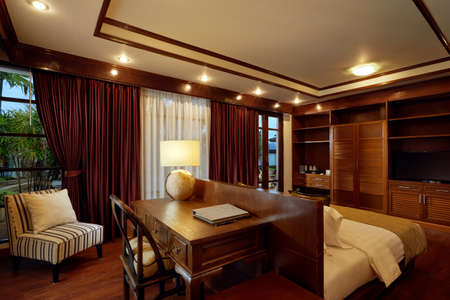 Panoramic view of nice white stylish modern bedroomのeditorial素材