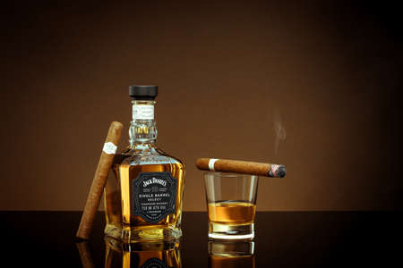 Phuket, Thailand- Feb 2021. Jack danielâs blended whisky on grey background. Jack Daniel's is a brand of sour mash Tennessee whiskey that is the highest selling American whiskey in the worldのeditorial素材