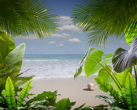 View of nice tropical beach with some palmsの写真素材