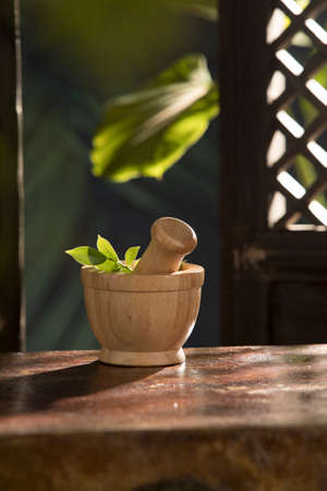 close up view of mortar and leaves on green backの写真素材