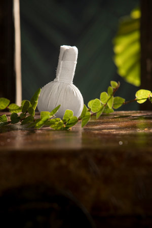 close up view of   Herbal massage Compress on green back.の写真素材