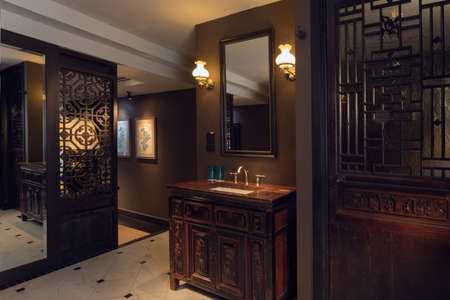 view of nice tiled contemporary modern restroomの写真素材