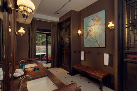 view of nice tiled contemporary modern restroomの写真素材