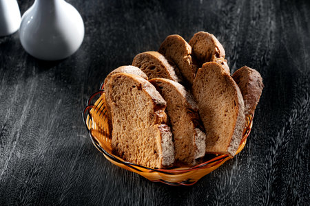 close up view of some sliced bread  on grey backの写真素材