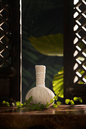 close up view of   Herbal massage Compress on green back.の写真素材