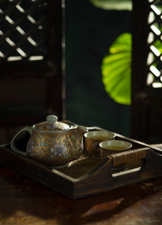 Close up view of nice Chinese teapot and glasses on color backの写真素材