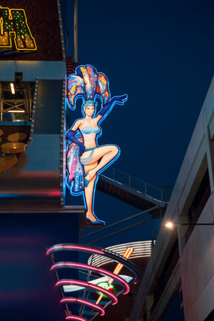 View of colorful cabaret and casino sign in night vegas, Nevadaの写真素材