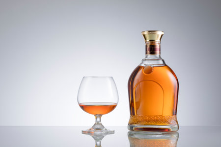 view of glass of cognac and a bottle aside on grey  background.の写真素材