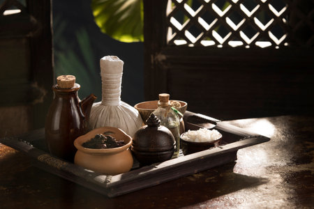 view of spa theme objects on tropic color backの写真素材