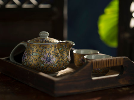 Close up view of nice china teapot and glasses on color backの写真素材