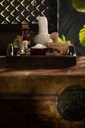 view of spa theme objects on tropic color backの写真素材