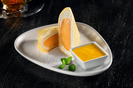 close up view of nice yummy crepes with jam on grey tableの写真素材