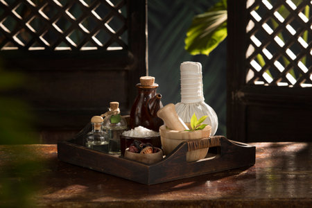 view of spa theme objects on color tropic authentic backの写真素材