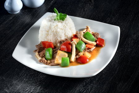 Close up view of white thai rice with stewed beef and vegetablesの写真素材