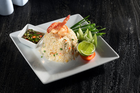 Close up view of shrimps with rice on grey backの写真素材