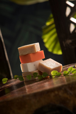 Close up view of few pieces of soap on natural backgroundの写真素材