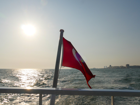 Beautiful View of Aegean Coastline with Turkish flagの写真素材