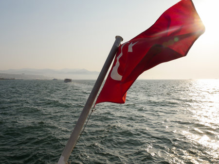 Sea View from ferry with Turkish flagのeditorial素材